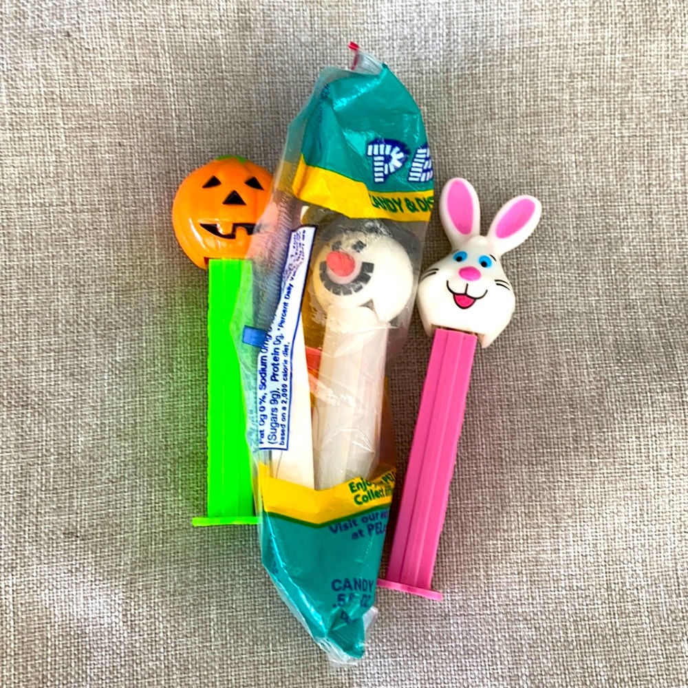 3 Vintage Pez Dispensers - 1 in original package - Snowman, Rabbit, and Pumpkin